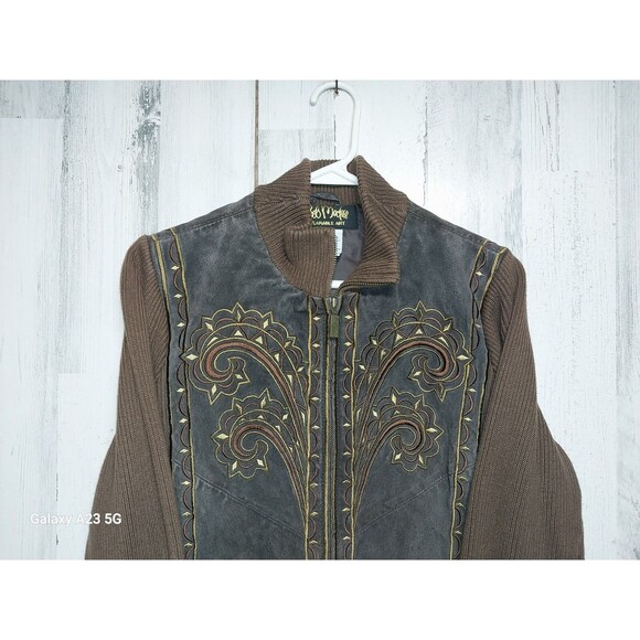 Bob Mackie Western Leather Jacket Women's S Brown Embroidered Artsy Knit Zip - Picture 3 of 6